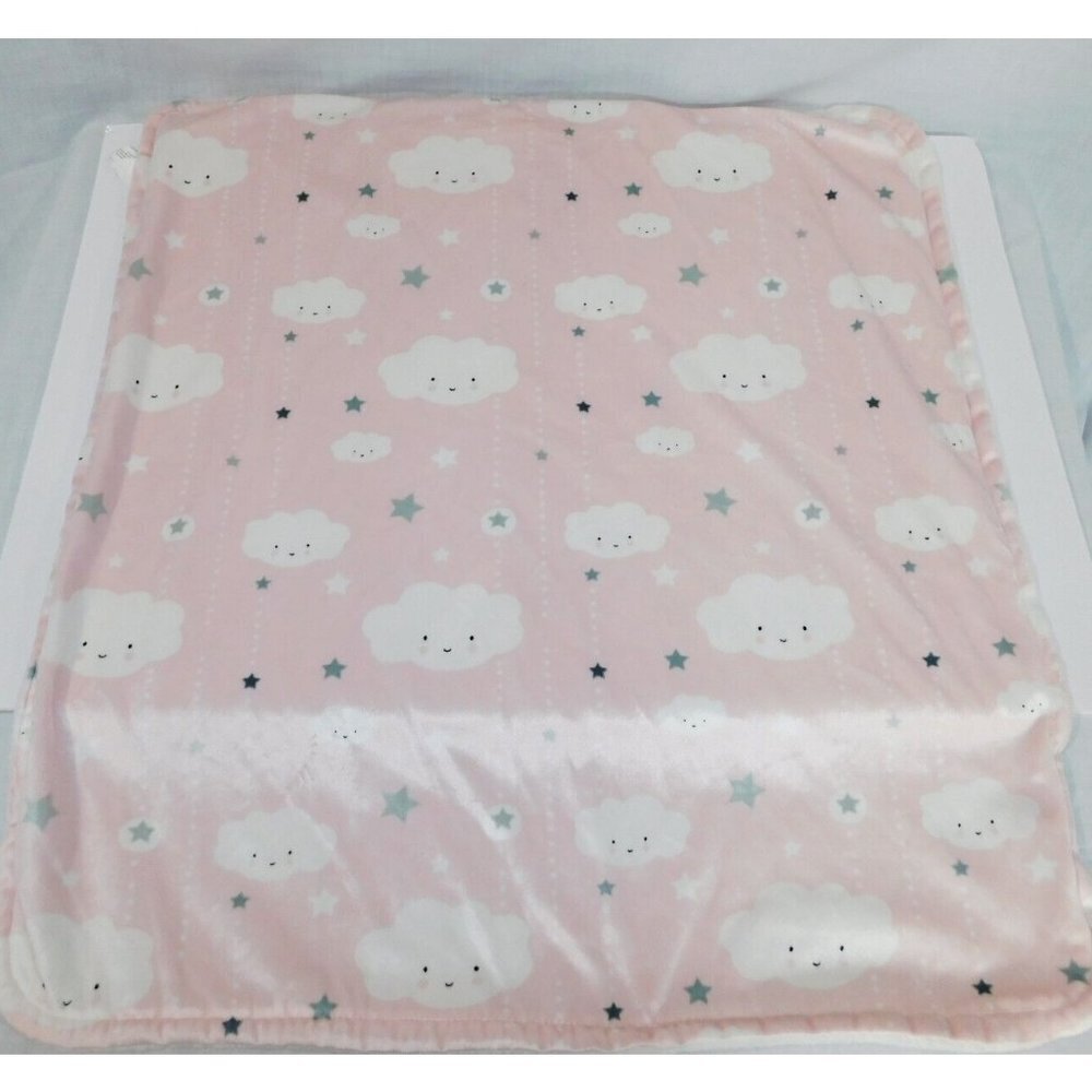 Blankets & Beyond Pink White Happy Clouds Gray Star Baby Blanket 27" x 30" Plush